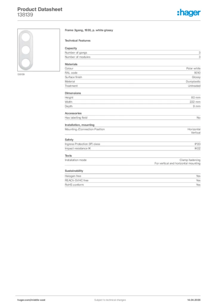 Image Hager Product data sheet 138139  | Hager