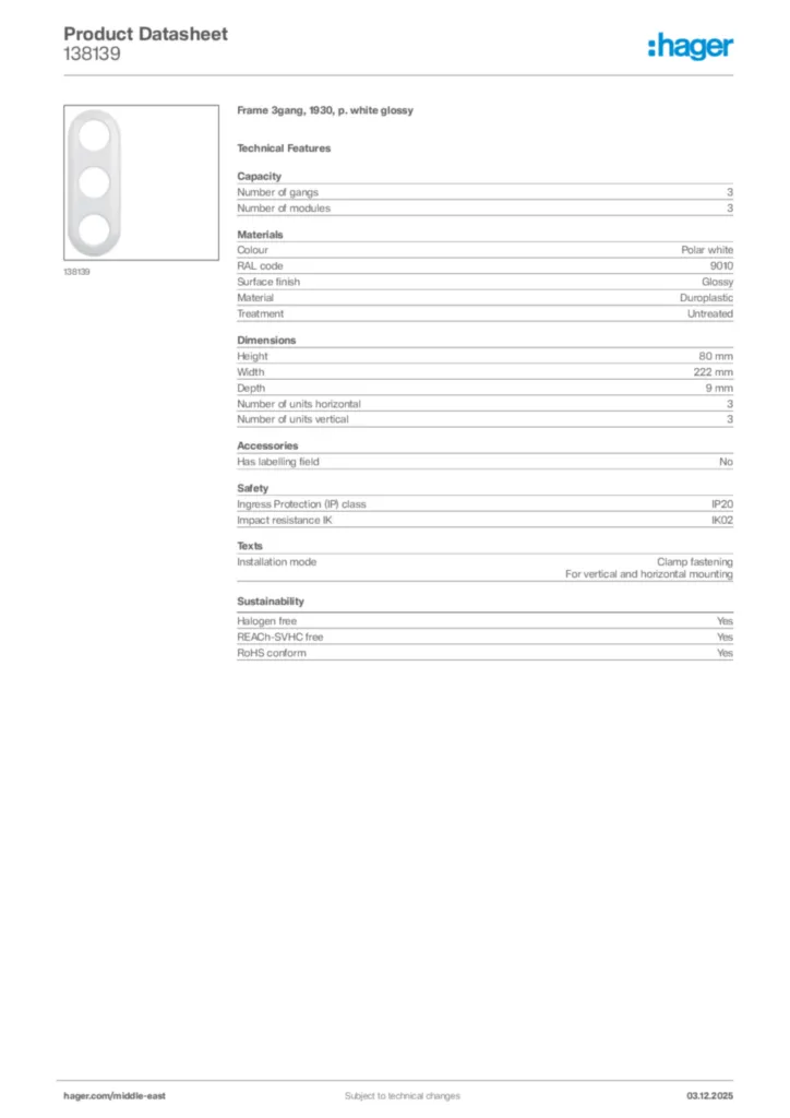 Image Hager Product data sheet 138139  | Hager