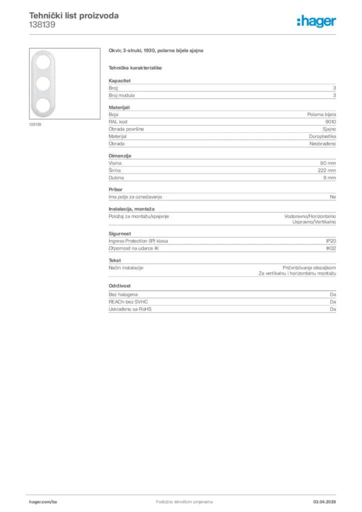 Slika Hager Tehnički list proizvoda 138139  | Hager