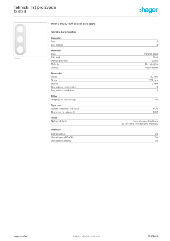 Slika Hager Product data sheet 138139  | Hager