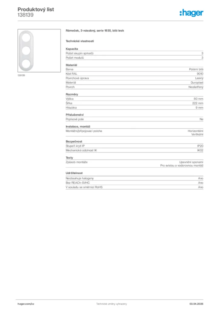 Obrázek Hager Product data sheet 138139 | Hager