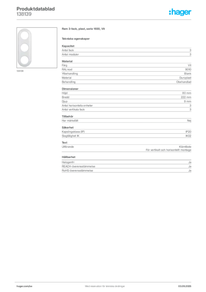 Bild Hager Produktdatablad 138139 | Hager Sverige