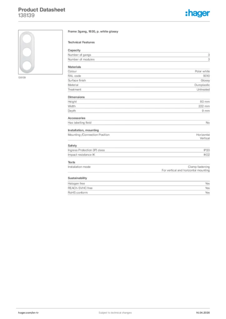 Image Hager Product data sheet 138139  | Hager