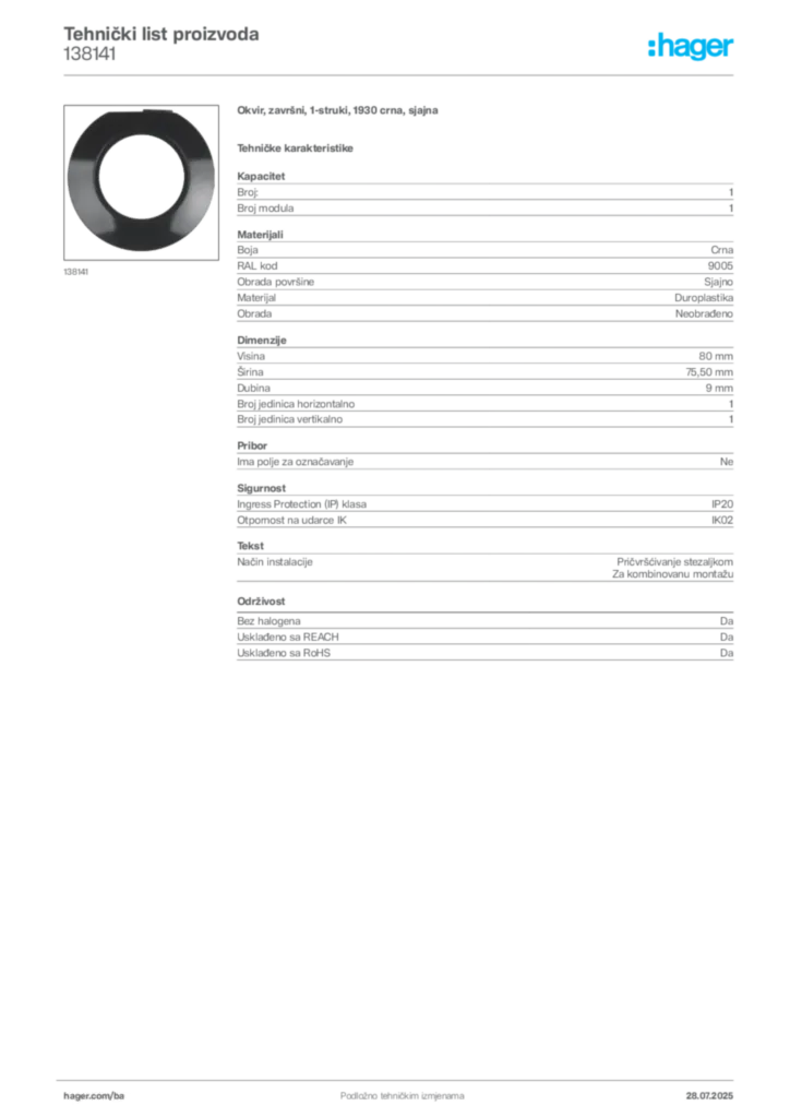 Slika Hager Product data sheet 138141  | Hager