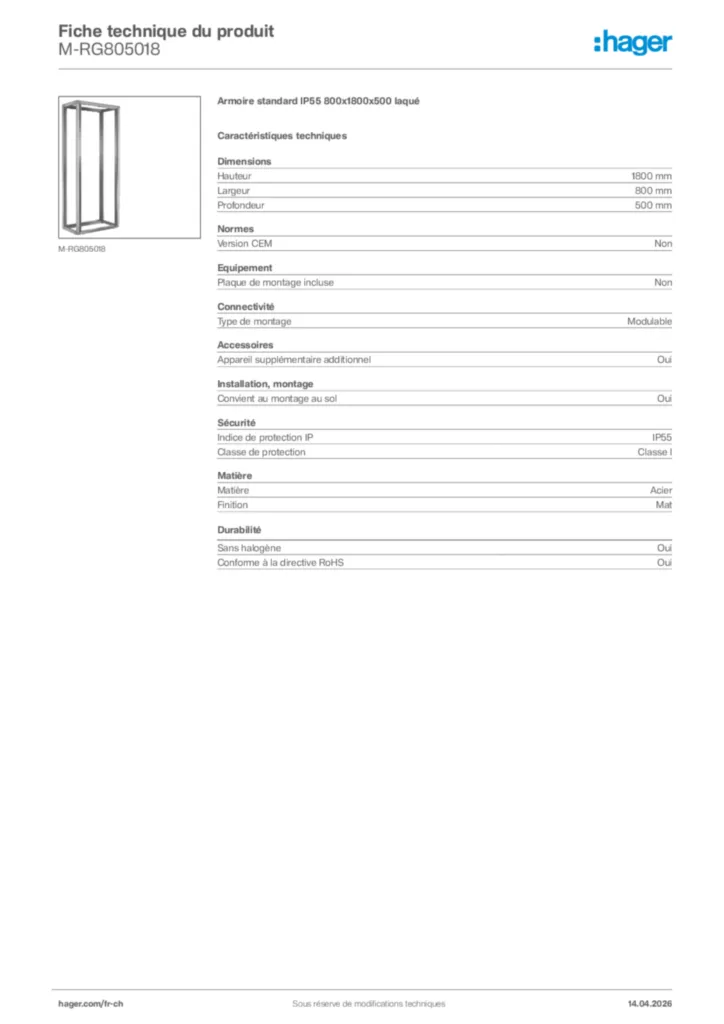 Image Hager Fiche technique du produit M-RG805018 | Hager Suisse