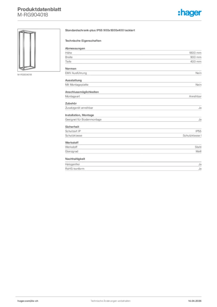 Bild Hager Produktdatenblatt M-RG904018 | Hager Schweiz