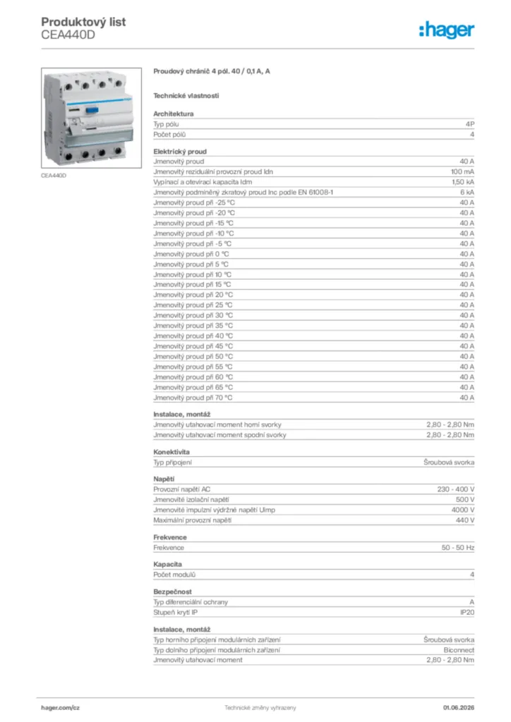 Obrázek Hager Generováno - Datový list produktu CEA440D | Hager