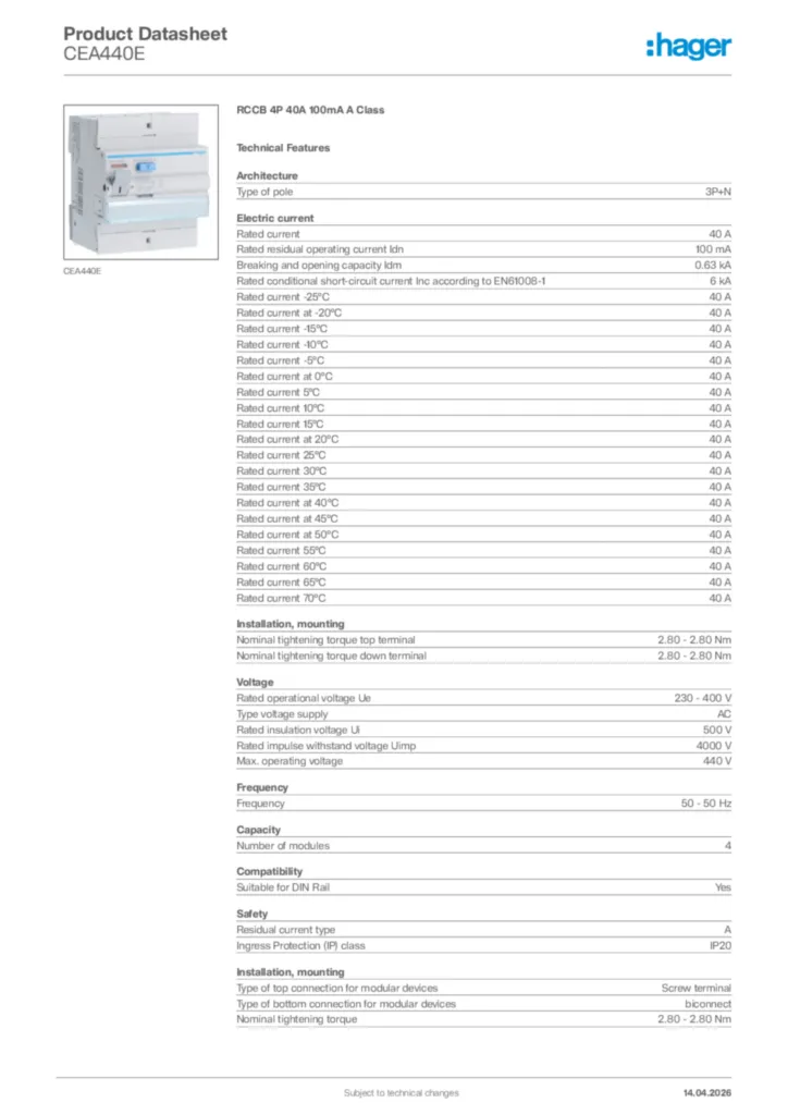 Image Hager Product data sheet CEA440E  | Hager Africa