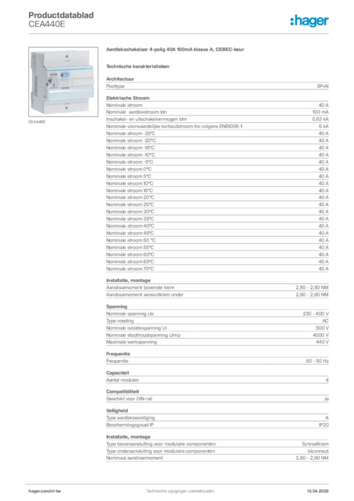 Afbeelding Hager Productdatablad CEA440E | Hager Belgium