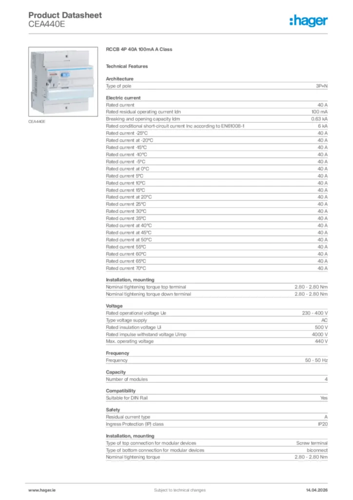 Image Hager Product data sheet CEA440E  | Hager