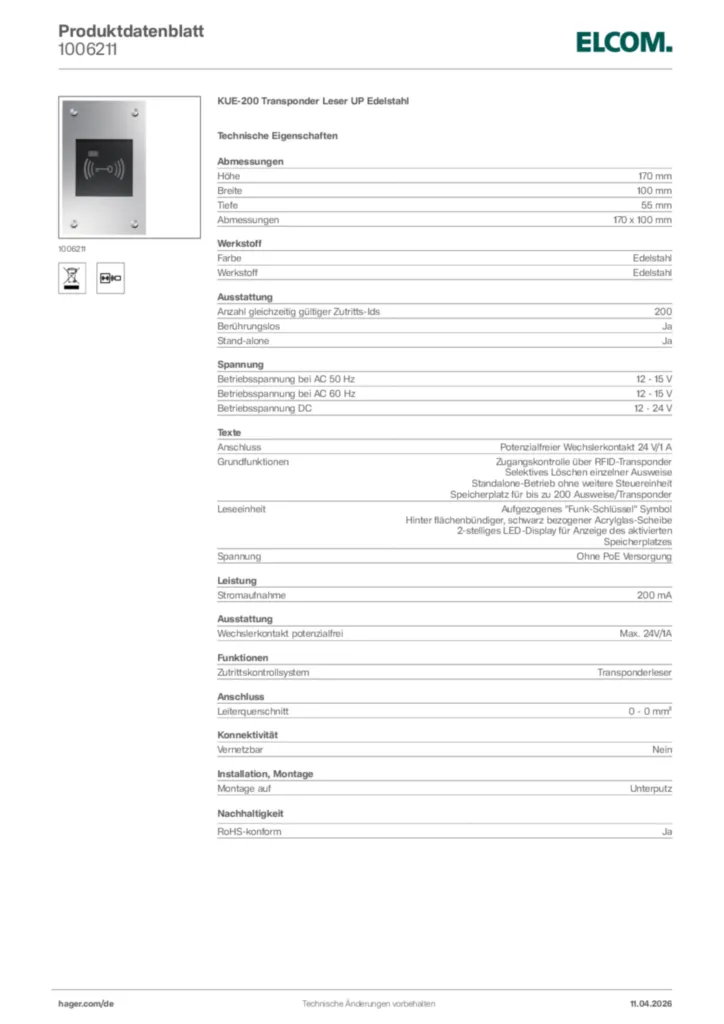 Bild Elcom Produktdatenblatt 1006211 | Hager Deutschland