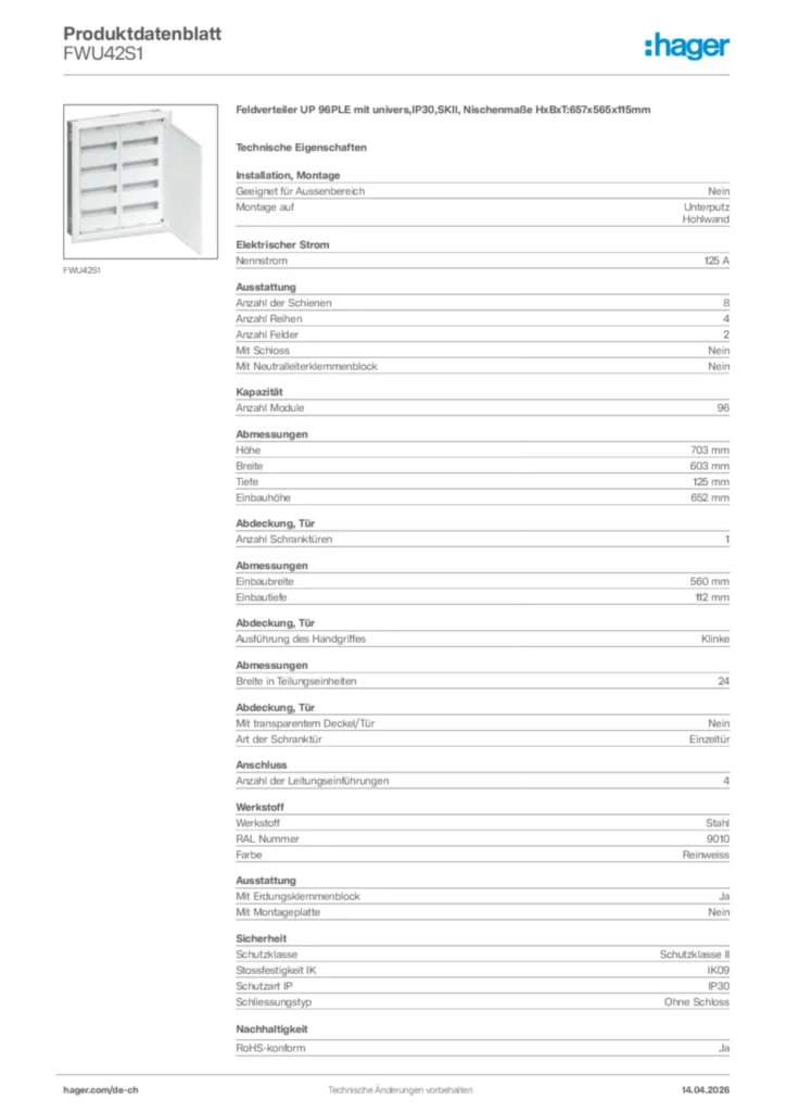 Bild Hager Produktdatenblatt FWU42S1 | Hager Schweiz