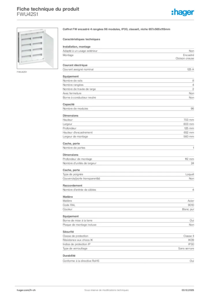 Image Hager Fiche technique du produit FWU42S1 | Hager Suisse