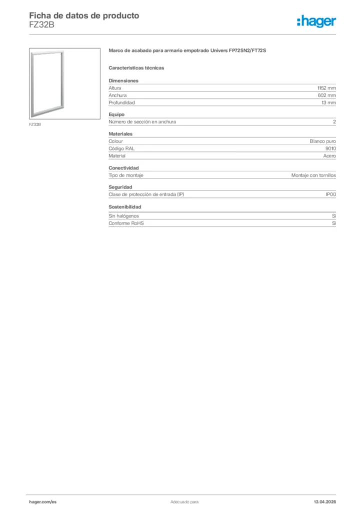 Imagen Hager Ficha de datos de producto FZ32B | Hager España