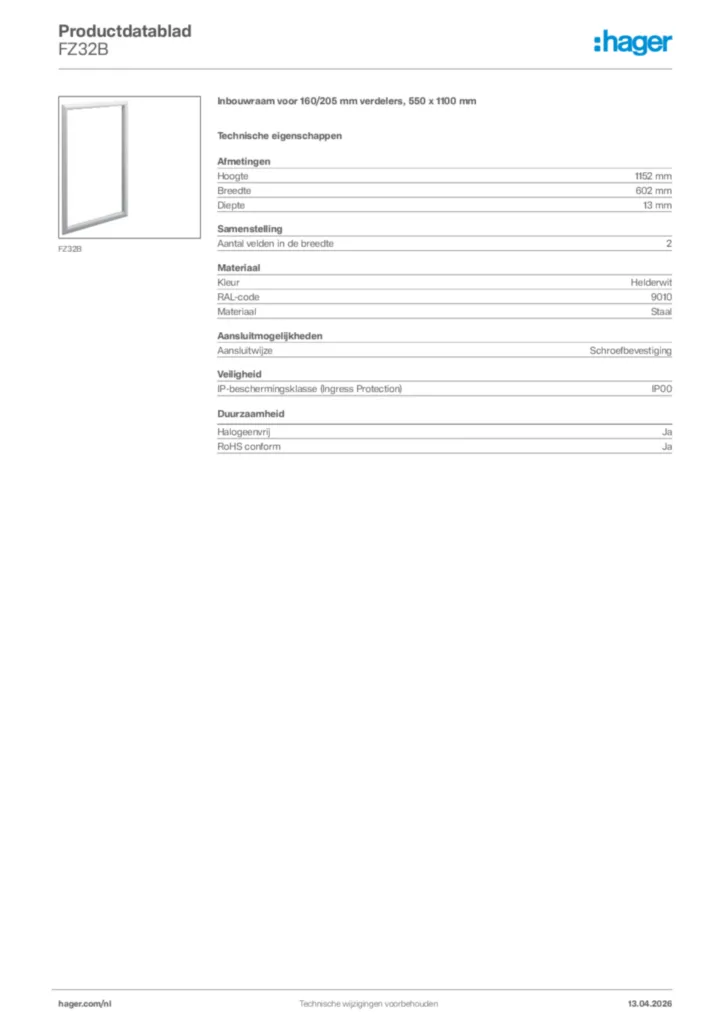 Afbeelding Hager Productdatablad FZ32B | Hager Nederland