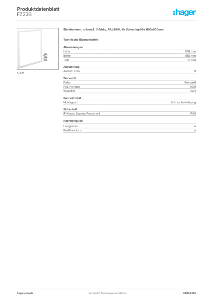 Bild Hager Produktdatenblatt FZ33B | Hager Deutschland