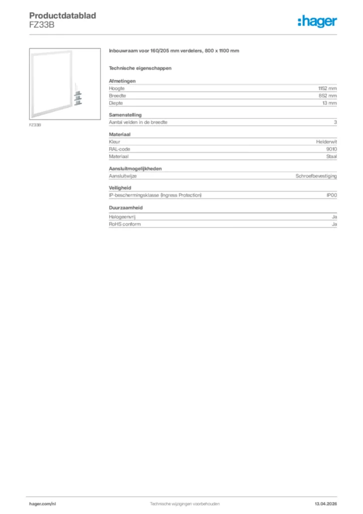Afbeelding Hager Productdatablad FZ33B | Hager Nederland