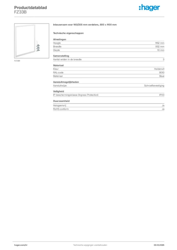 Afbeelding Hager Productdatablad FZ33B | Hager Nederland
