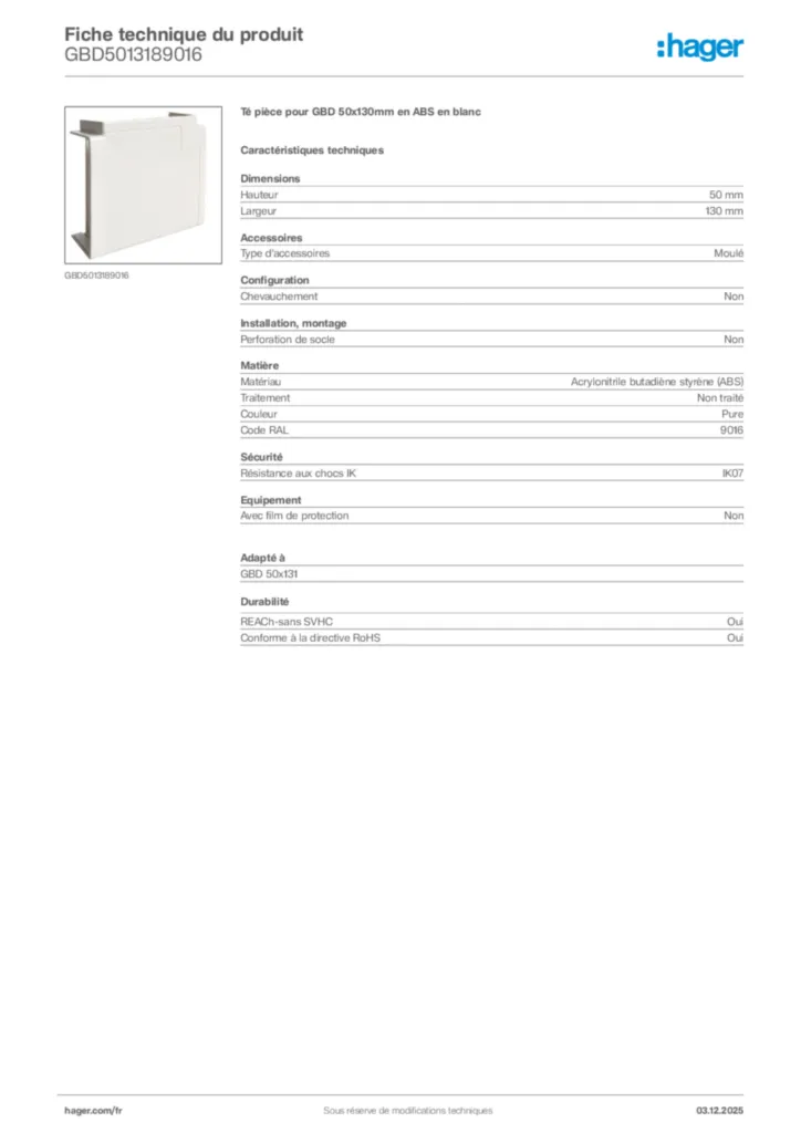Image Hager Fiche technique du produit GBD5013189016 | Hager France