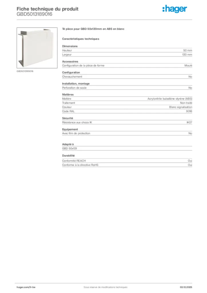 Image Hager Fiche technique du produit GBD5013189016 | Hager Belgique