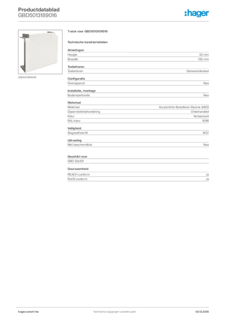 Afbeelding Hager Productdatablad GBD5013189016 | Hager Belgium