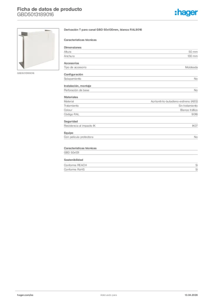 Imagen Hager Ficha de datos de producto GBD5013189016 | Hager España