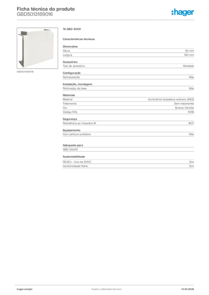 Imagem Hager Ficha técnica do produto GBD5013189016 | Hager Portugal