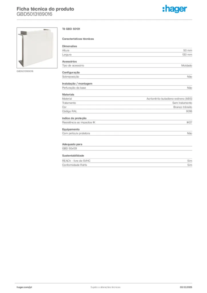 Imagem Hager Ficha técnica do produto GBD5013189016 | Hager Portugal