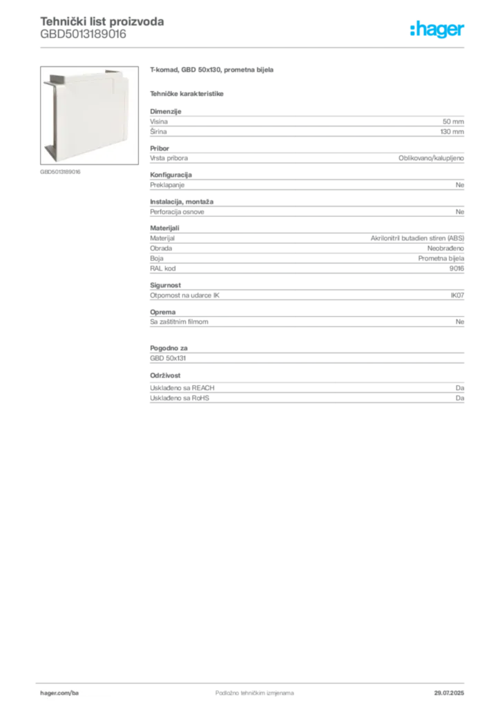 Slika Hager Product data sheet GBD5013189016  | Hager