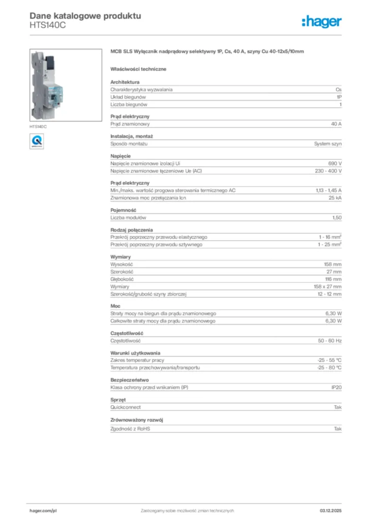 Zdjęcie Hager Karta katalogowa HTS140C | Hager Polska