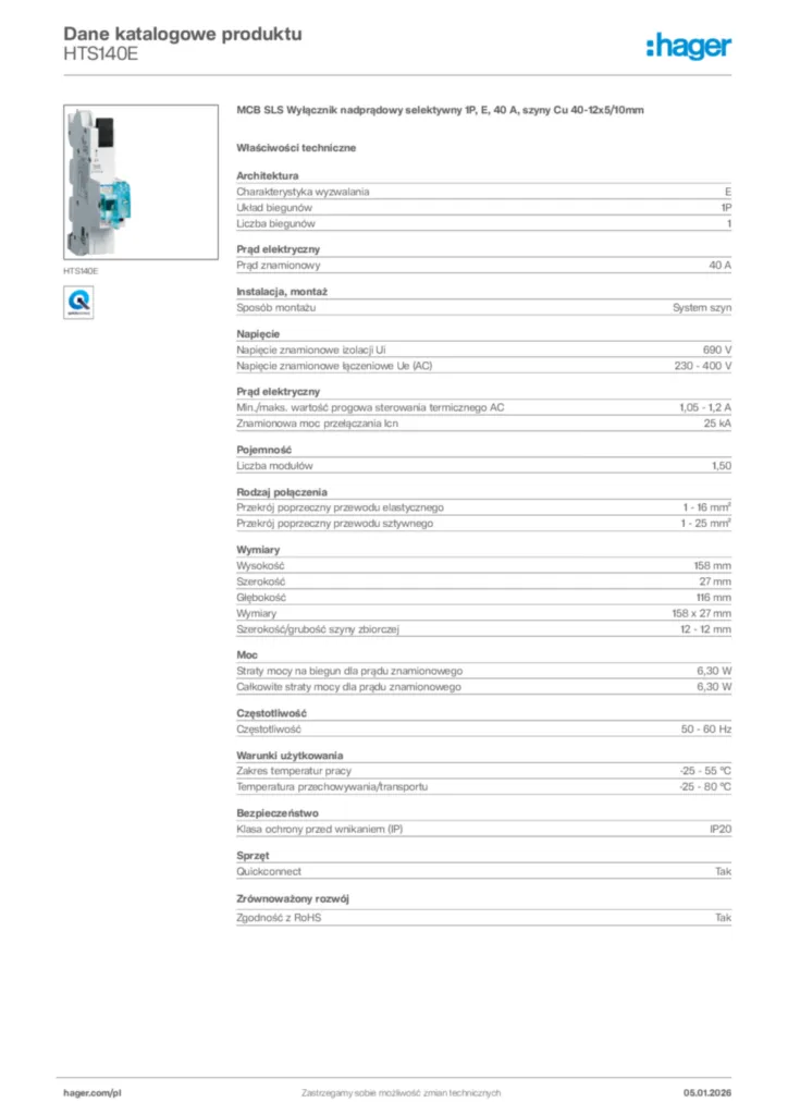 Zdjęcie Hager Karta katalogowa HTS140E | Hager Polska