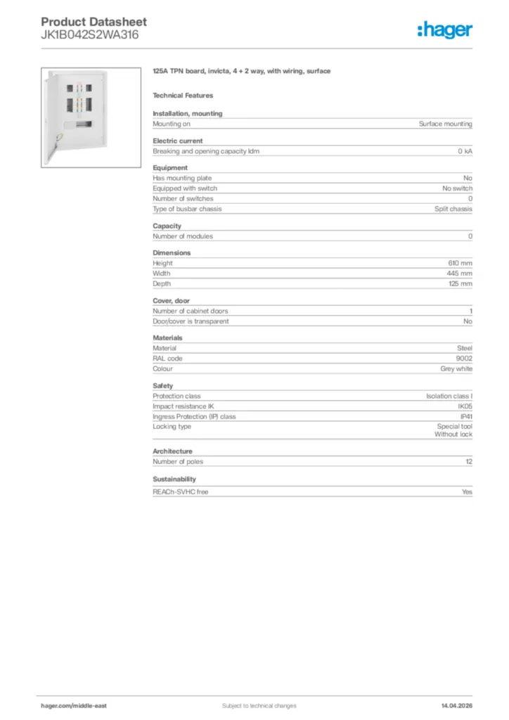 Image Hager Product data sheet JK1B042S2WA316  | Hager