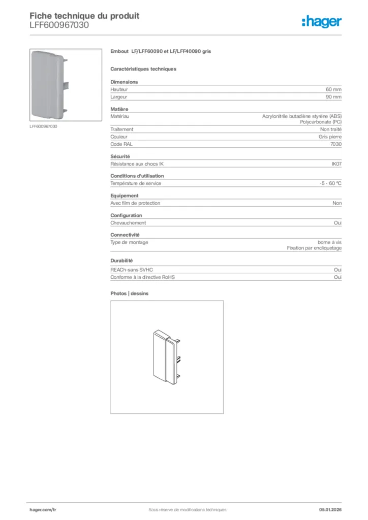 Image Hager Fiche technique du produit LFF600967030 | Hager France