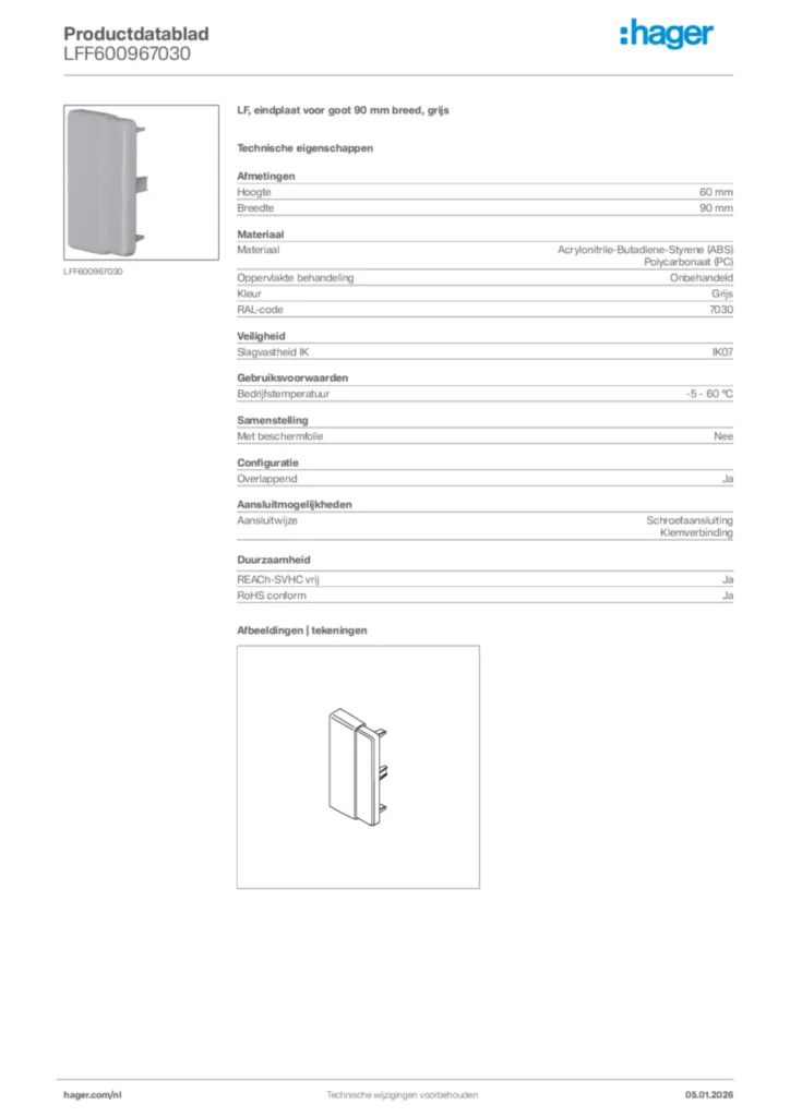 Afbeelding Hager Productdatablad LFF600967030 | Hager Nederland