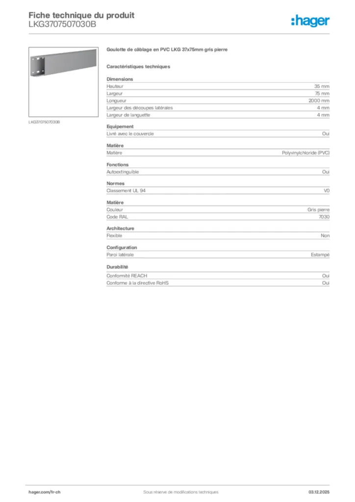 Image Hager Fiche technique du produit LKG3707507030B | Hager Suisse