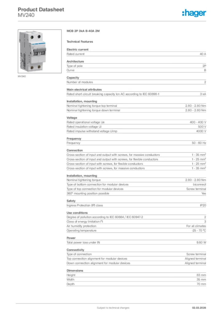 Image Hager Product data sheet MV240  | Hager Africa
