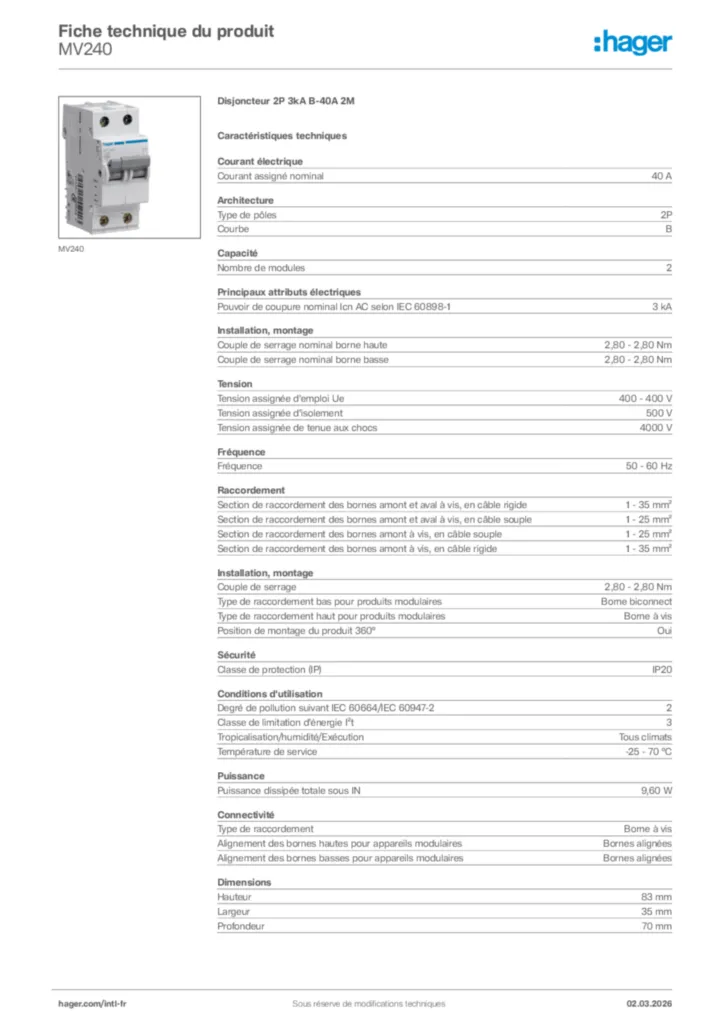 Image Hager Fiche technique du produit MV240 | Hager Afrique