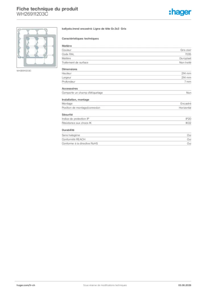 Image Hager Fiche technique du produit WH26911203C | Hager Suisse