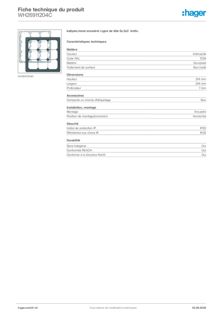 Image Hager Fiche technique du produit WH26911204C | Hager Suisse