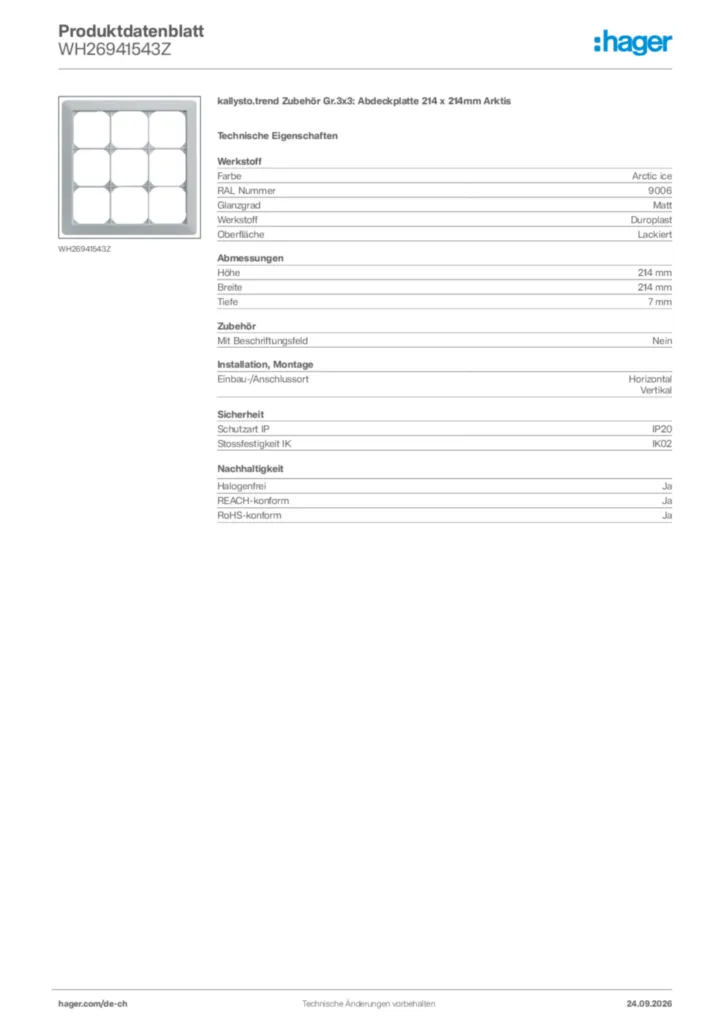 Bild Hager Produktdatenblatt WH26941543Z | Hager Schweiz