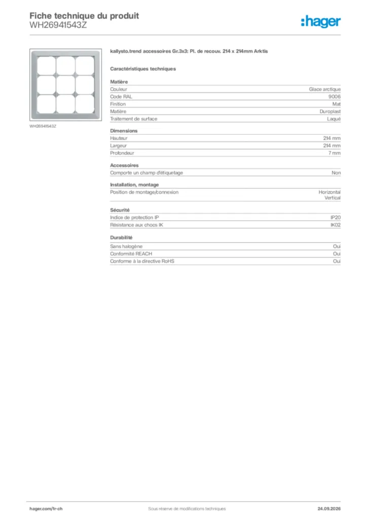 Image Hager Fiche technique du produit WH26941543Z | Hager Suisse