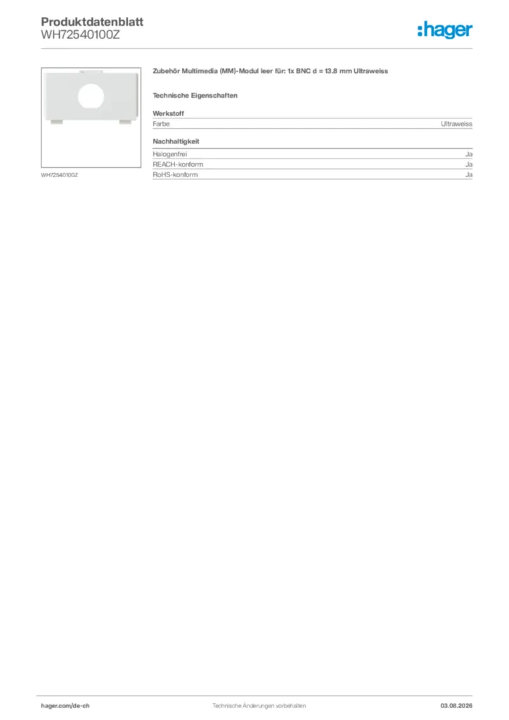 Bild Hager Produktdatenblatt WH72540100Z | Hager Schweiz
