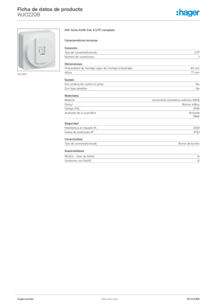 Imagen Hager Ficha de datos de producto WJC220B | Hager España
