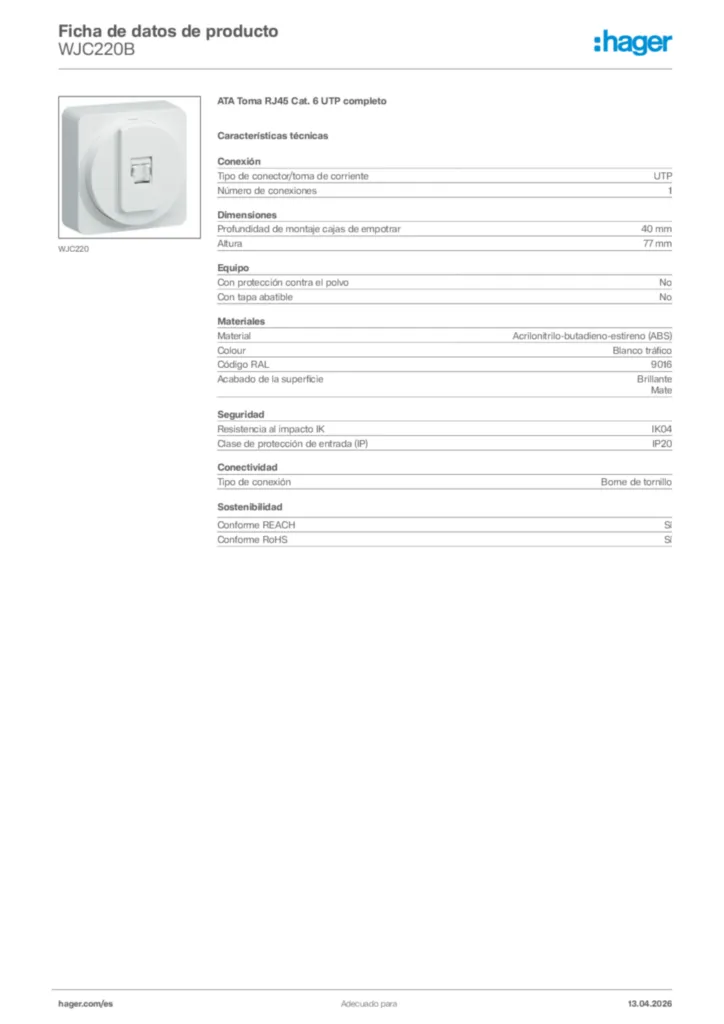 Imagen Hager Ficha de datos de producto WJC220B | Hager España