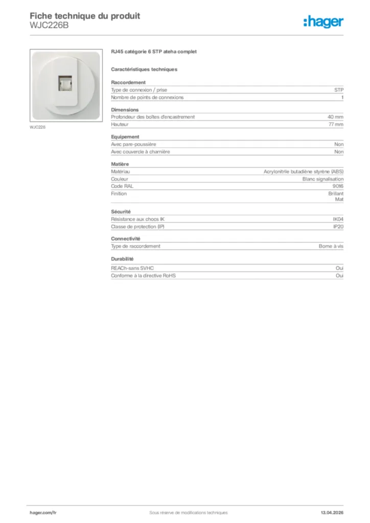 Image Hager Fiche technique du produit WJC226B | Hager France