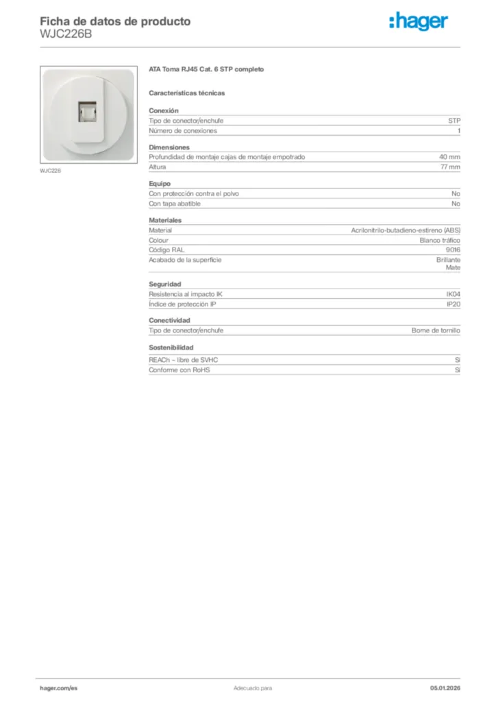 Imagen Hager Ficha de datos de producto WJC226B | Hager España