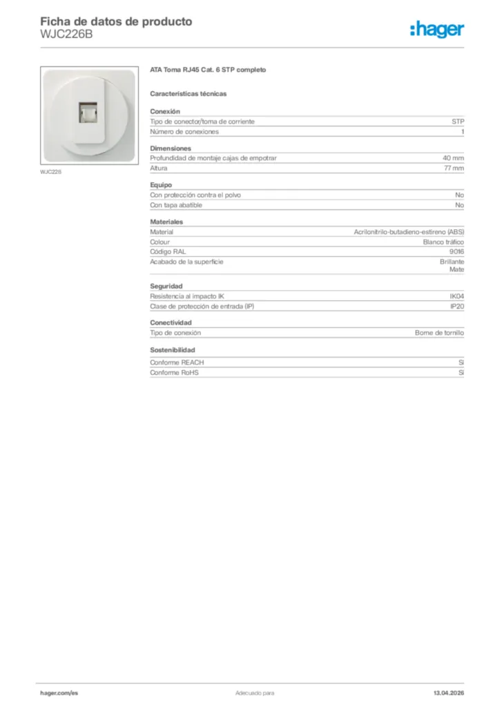 Imagen Hager Ficha de datos de producto WJC226B | Hager España
