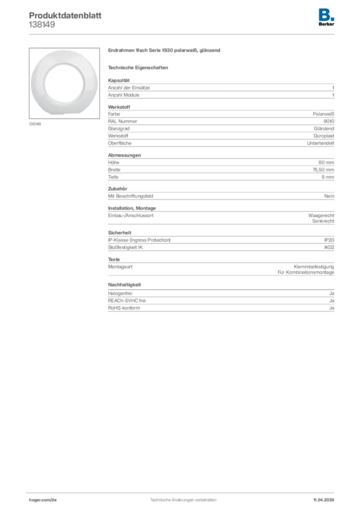 Bild Berker Produktdatenblatt 138149 | Hager Deutschland