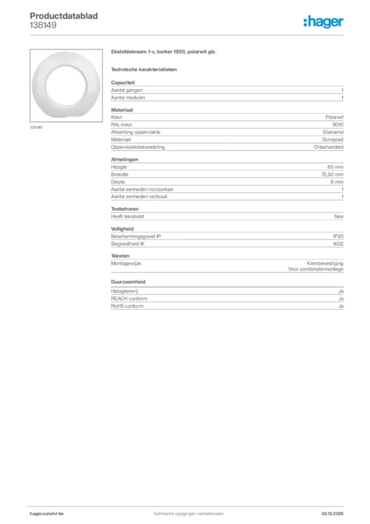 Afbeelding Hager Productdatablad 138149 | Hager Belgium