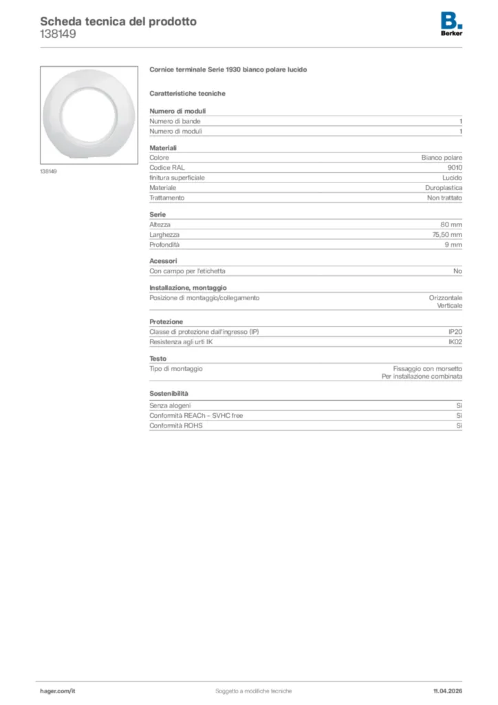 Immagine Berker Scheda tecnica del prodotto 138149 | Hager Italia